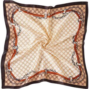 Women Beige Chain Headscarf Satin Bandana Pattern Polyester Breathable Scarves